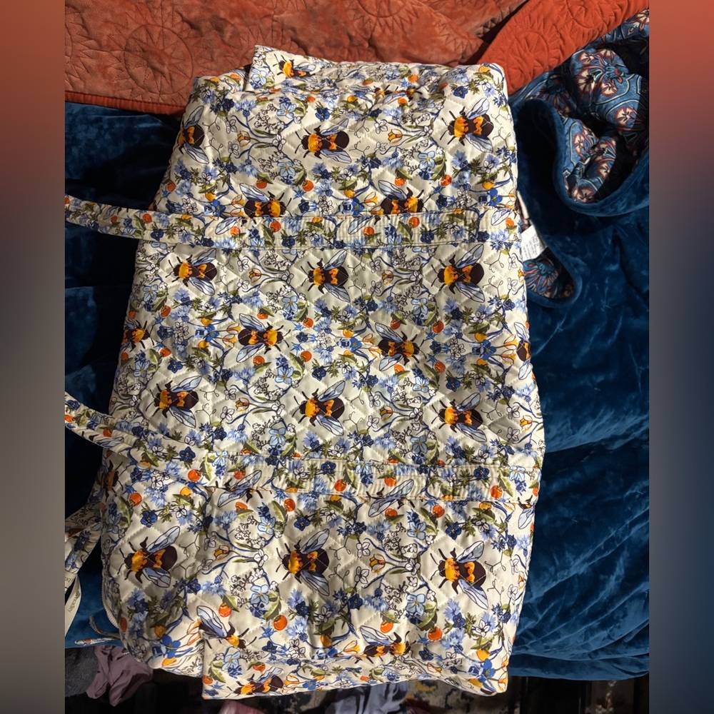 “Bee Garden” Quilted Large duffle in Cream with Blue & Yellow Print